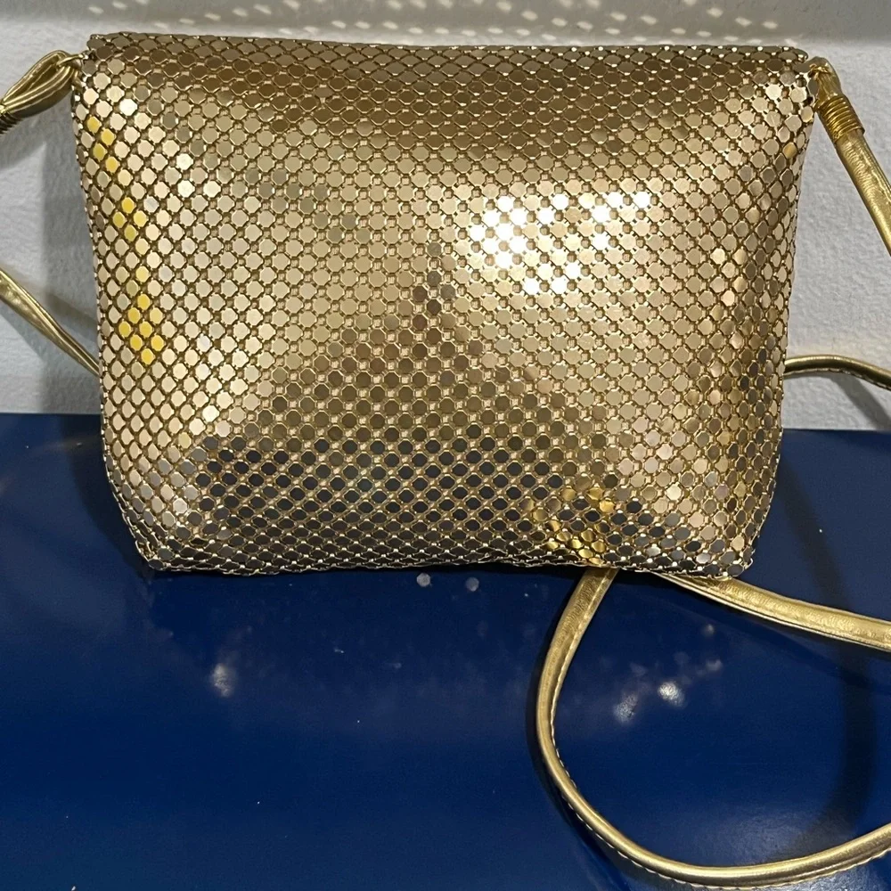 Gold Mesh Purse Handbag Evening Metal Bag Envelope Crossbody Vintage 80s 90s